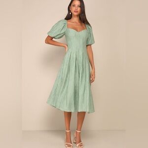 Lulus Heavenly Energy Sage Textured Puff Sleeve Crinkle Midi Dress Sweetheart